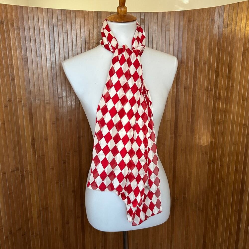 Vintage Adrienne Vittadini Silk Scarf Red White Harlequin Check